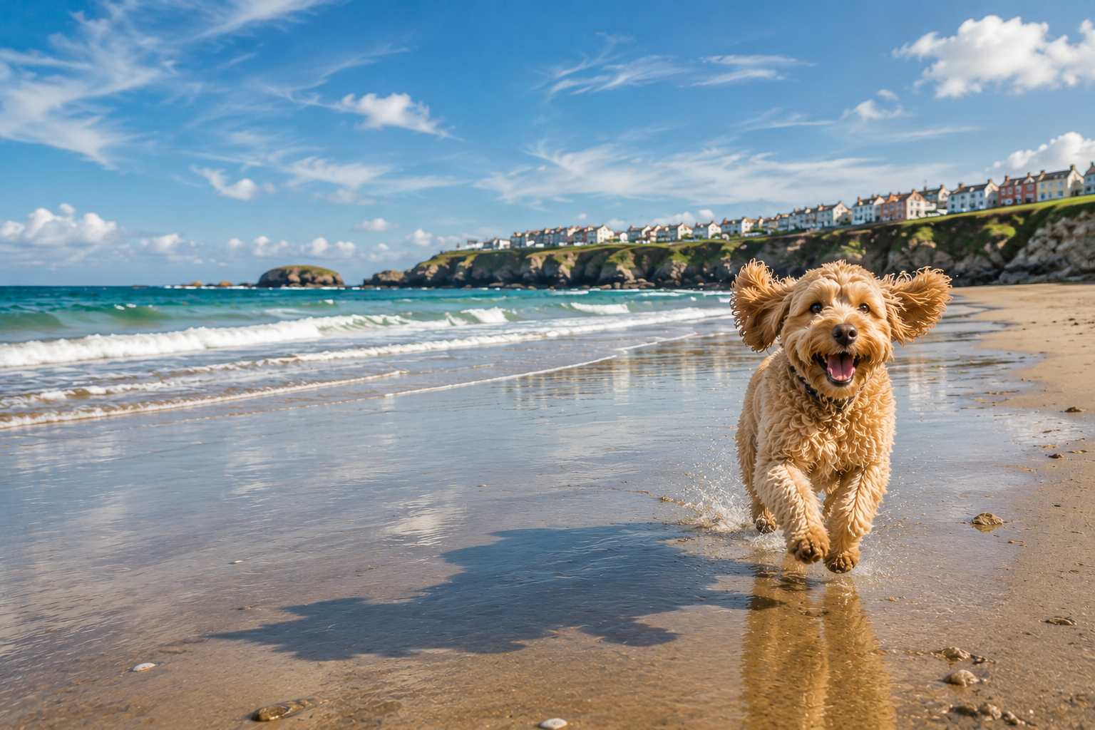 Dog running on a beach in Cornwall