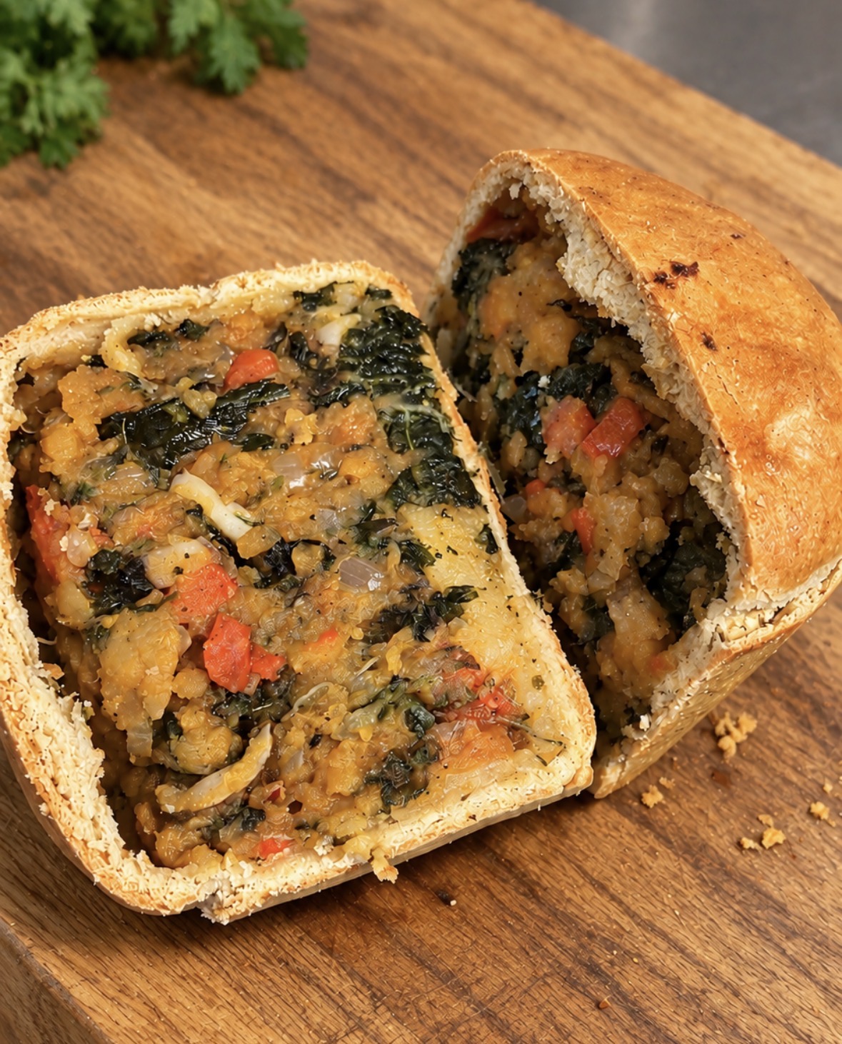 Sweet potato mushroom and spinach pie cut open