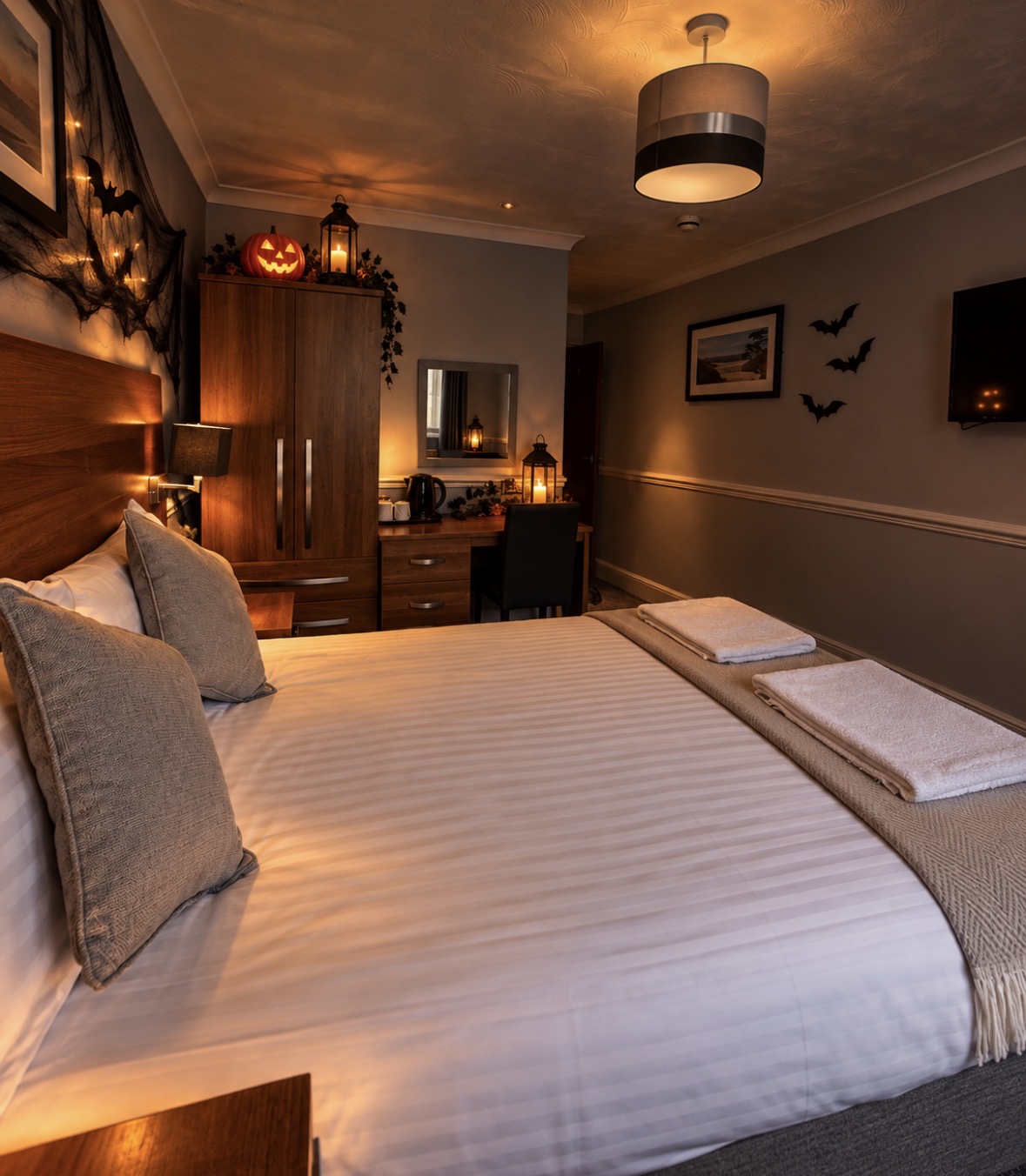 Halloween themed advertising image for a Griffin guest room