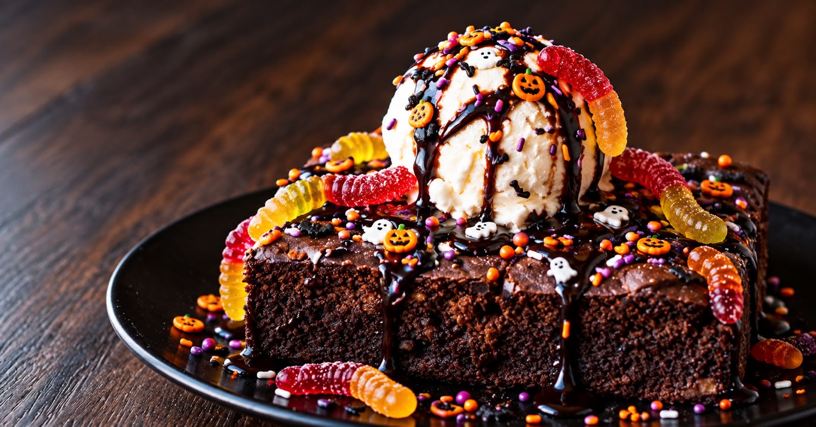 Halloween brownie with worms and sprinkles at The Griffin Newquay
