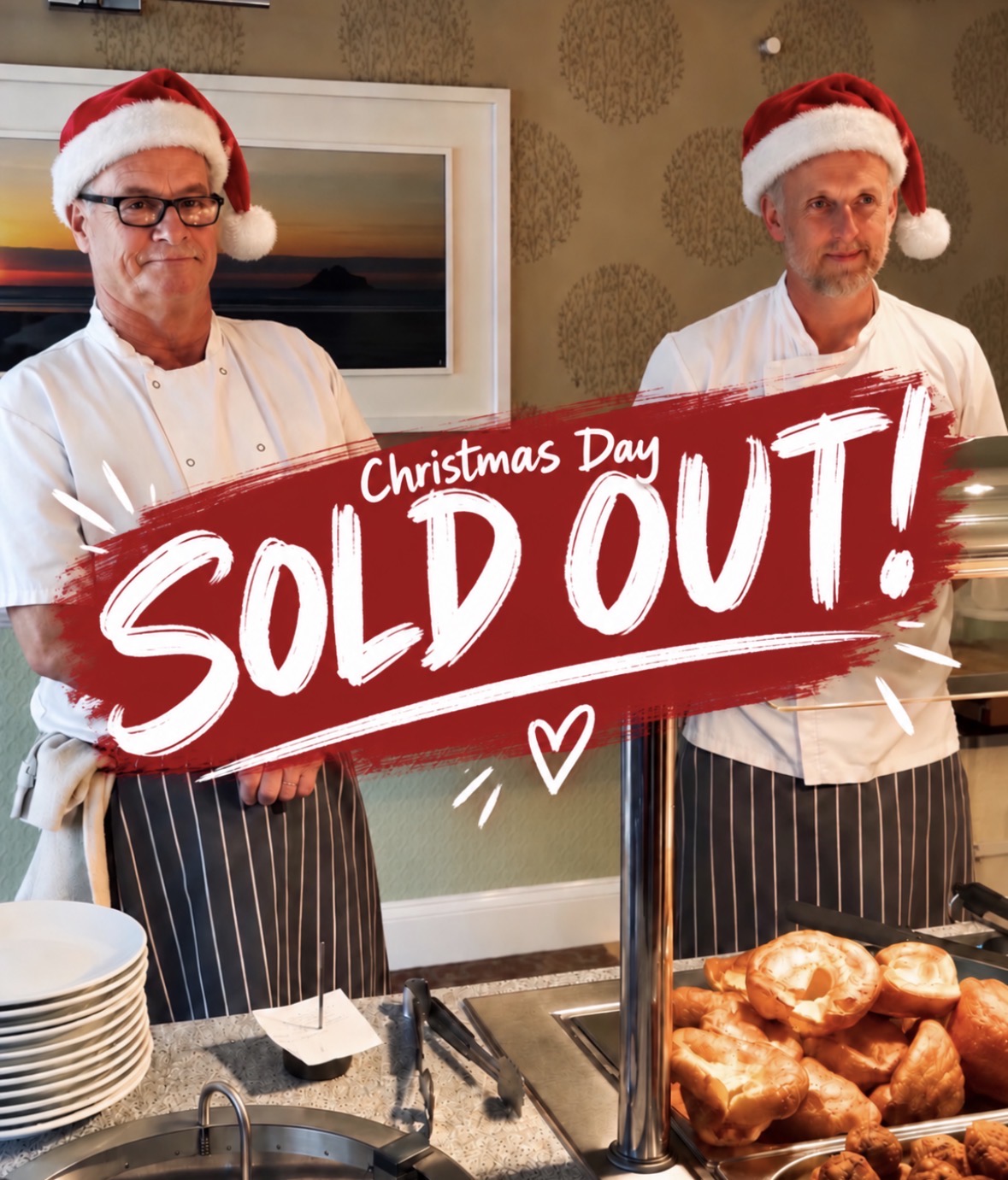 The Griffin chefs in Christmas hats with a sold out announcement